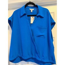 Nine West Royal Blue Short-Sleeve V-Neck Collared Blouse picture