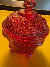 Vintage Jeanette Ruby Red Pressed Glass Harvest Grape Footed Covered Candy Dish picture