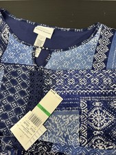NWT Alfred Dunner Beaded Split Neck Patchwork Blouse Top Blue Multi Large picture