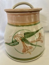 Studio Pottery Lidded Stoneware Crock Peach Trumpet Flowers Artisan Signed 7in picture