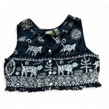 Vintage 90s Bila Black Novelty Cat Sun Print Cropped Button Up Tank Top Vest S picture