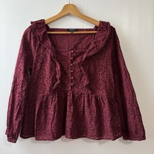 Madewell Women’s Eyelet Burgundy Pom-Pom Top Ruffle Top Sz Small picture