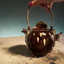Vintage Tilso Footed Fish Tea Pot Spiral Wire Handle Redware picture