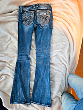 Rock Revival Women's Blue Bootcut Denim Jeans Embroidered Pockets Distressed 26 picture