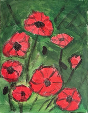 Original Green 16x20 Abstract Red Florals Acrylic Canvas Signed Art Decor picture