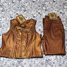 Vintage 2003 Harley Davidson Siren Copper Leather Vest XL Pants 14 Matching Set  picture