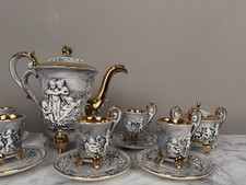 Vintage Italian Capodimonte Porcelain Coffee Set, Cherub Relief, Gold Gilt (15 P picture
