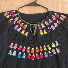 Handmade Mexican Folk Art Embroidered Doll Blouse Black Colorful Boho Top Large picture