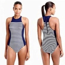 New 4 J.Crew high neck zip-back one piece swimsuit bathing suit in stripe picture