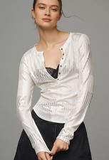 Anthropologie Pilcro Ivory Shimmer Andie Ribbed Henley Top Size Small picture