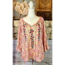 Savanna Jane Pink Floral Embroidered Boho Peasant Blouse Medium picture