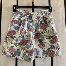 Vintage Gitano Floral High Waisted Shorts Cotton Pink Blue Rose Print Size 9/10 picture