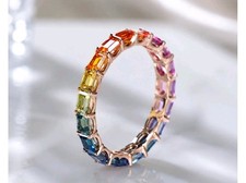 Natural stone Rainbow Sapphire Baguette Ring | Sapphire Silver Eternity Band picture