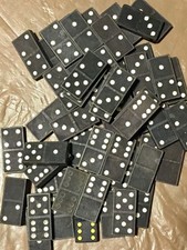 VINTAGE DOUBLE SIX WOOD HALSAM DRAGON DOMINOES 28 Black Wood Dominoes (#B3-119) picture