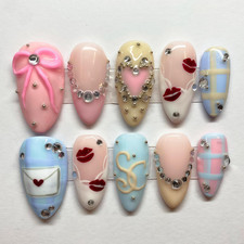30Pcs Handmade Valentine Press on Nails Medium Almond Gem French Heart Gem-26 picture