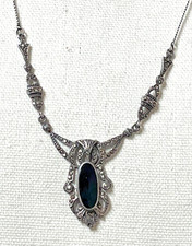 Vintage Sterling Silver 925 Art Deco Necklace With Onyx Marcasite picture
