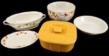 Vintage Hall Art Deco Canary Yellow Refrigerator Dish + 4 Autumn Leaf Pieces picture