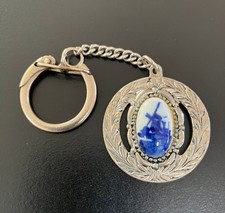 Vintage Delft Blue Handpainted Holland Windmill Porcelain Cabochon Inlay Keyring picture