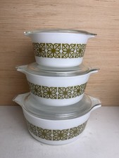 Vintage PYREX Verde Green Square Flowers Casserole Set with Lids 473 474b 475b picture
