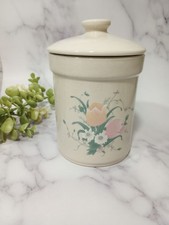 Vintage 1980 Ceramic Canister Crock with Lid Featuring An Elegant Tulip Design picture
