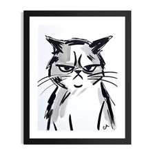 Original Hand Painted 9x12 Abstract Grumpy Cat Black White Acrylic Signed Paper picture