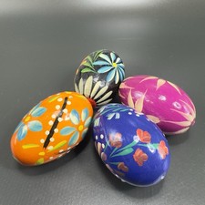 Hand Made Folk Art Wooden Egg Set 4 Multicolored Hand Painted Eggs Vintage Decor picture