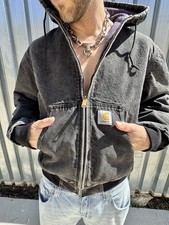 Carhartt JB6865 Hooded Active Jacket M Black Aztec Fleece Lined Vintage 90s USA  picture