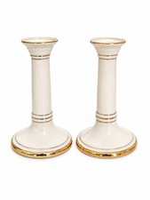 Vintage Pair Of White Ceramic Gold Trim  Classic Neoclassical Candlesticks 7” picture