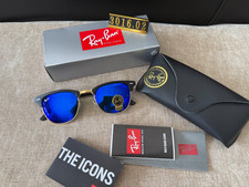 Ray-Ban RB3016 Clubmaster Sunglasses Black Gold Blue Mirror 51-21-145 picture