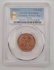 Weimar - 1932-A 4 Pfennig - PCGS MS64RD  COIN picture