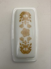 Vintage Pyrex Butterfly Gold Butter Dish Milk Glass Covered Dish - Flaw on decal picture