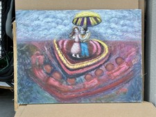 Helga Schweininger Signed Oil Painting Waiting for Rain Folk Art 18x24 picture