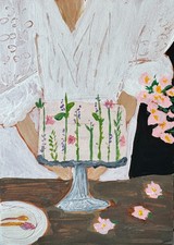 Original Painting, Cake on stand, figure, cozy, food art, folk art, 5x7 acrylic picture