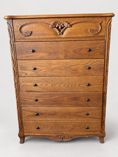 Antique Carved Oak Chest of Drawers 6-Drawer Tallboy Bedroom Furniture picture