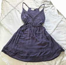 Purple Women’s Size M/L RayaSun Smocked Tie-Front Tassel Cotton Mini Dress picture
