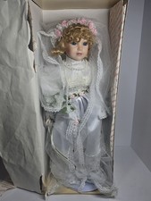 Brinn's Porcelain Bride Doll Blonde Blue Eyes Wedding Dress Veil Box Stand COA picture