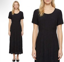 FLAX Women Midi Dress Short Sleeve Round Neck Solid Black Small Modest picture