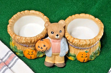 Vtg Homco #5209 Teddy Bear Pumpkin Halloween Candle Holders Linen Napkins Boo picture
