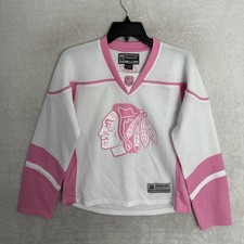 Reebok NHL Womans Hockey Jersey Chicago White Pink Medium Polyester Long Sleeve picture