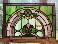 Antique Leaded Stained Glass Window,   Green Purple Pink Yellow picture