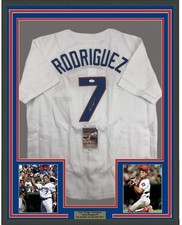Framed Signed Ivan Pudge Rodriguez 35x39 Texas White Jersey JSA COA picture