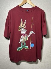 Vintage 1990’s Bugs Bunny Fishing Looney Tunes burgundy T-Shirt Size (Large) picture