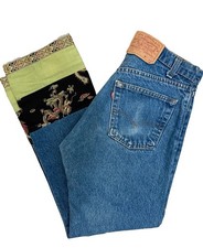 VTG Levi’s OOAK 505 Asian Print Cuffs Women’s 10 Blue Denim/Silk Kelly Lowes picture