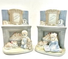 Pair of Charming Vintage Porcelain Bookends-Boy & Girl Fireplace Cat, Japan picture
