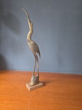 Vintage Hand Carved Horn Heron Crane Bird Sculpture Figure Ornament Wooden Base picture