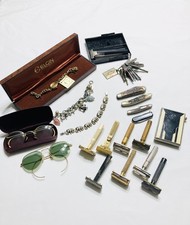 VINTAGE ESTATE JUNK DRAWER LOT~ KNIVES ~JEWELRY~ GOLD GLASSES ~ RAZORS  picture