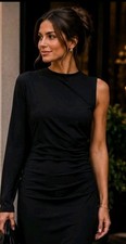 ZARA Black One Shoulder Midi Belted Dress Sz S Asymmetrical Long Sleeve Classy picture