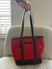 Vintage Coach small tote red canvas with black leather trim and a blue interior. picture