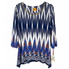 NEW Ruby Rd Woman Blue Ikat Geometric Embellished Sharkbite Top 3X Tunic picture