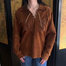 70s true vintage western boho brown suede fringe shirt pull over jacket picture